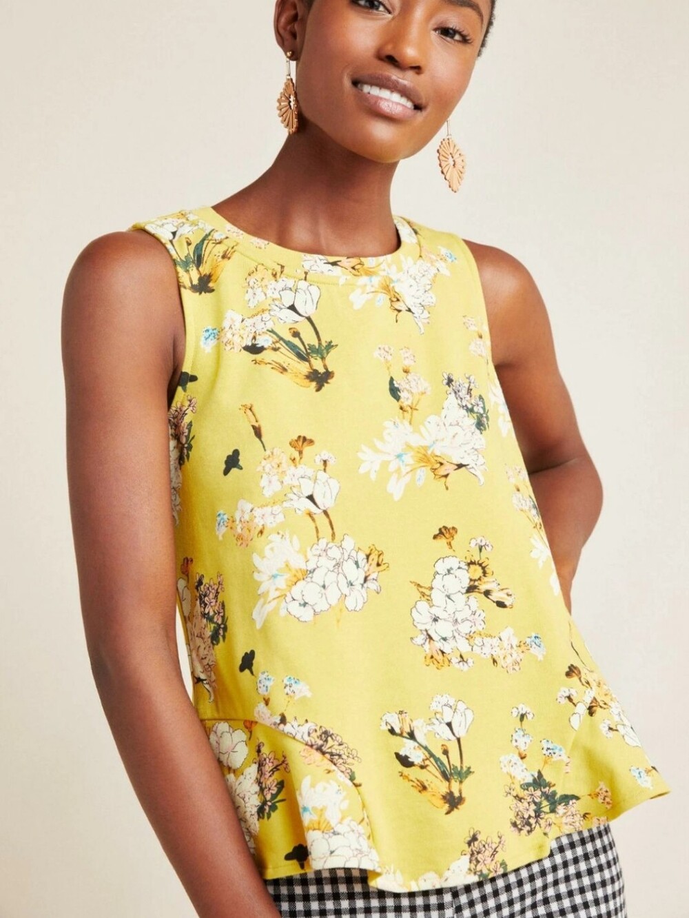 Anthropologie × Eva Franco Yellow Floral Arborist Tank Top Semi Peplum Ruffle LG